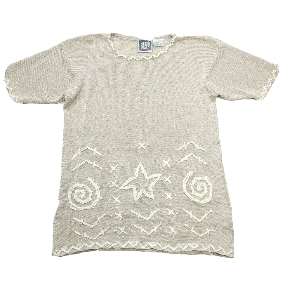 Vtg Sigrid Olsen‎ Tunic Women S Linen Ribbon Embroidered Knit Mini Cottage Beach
